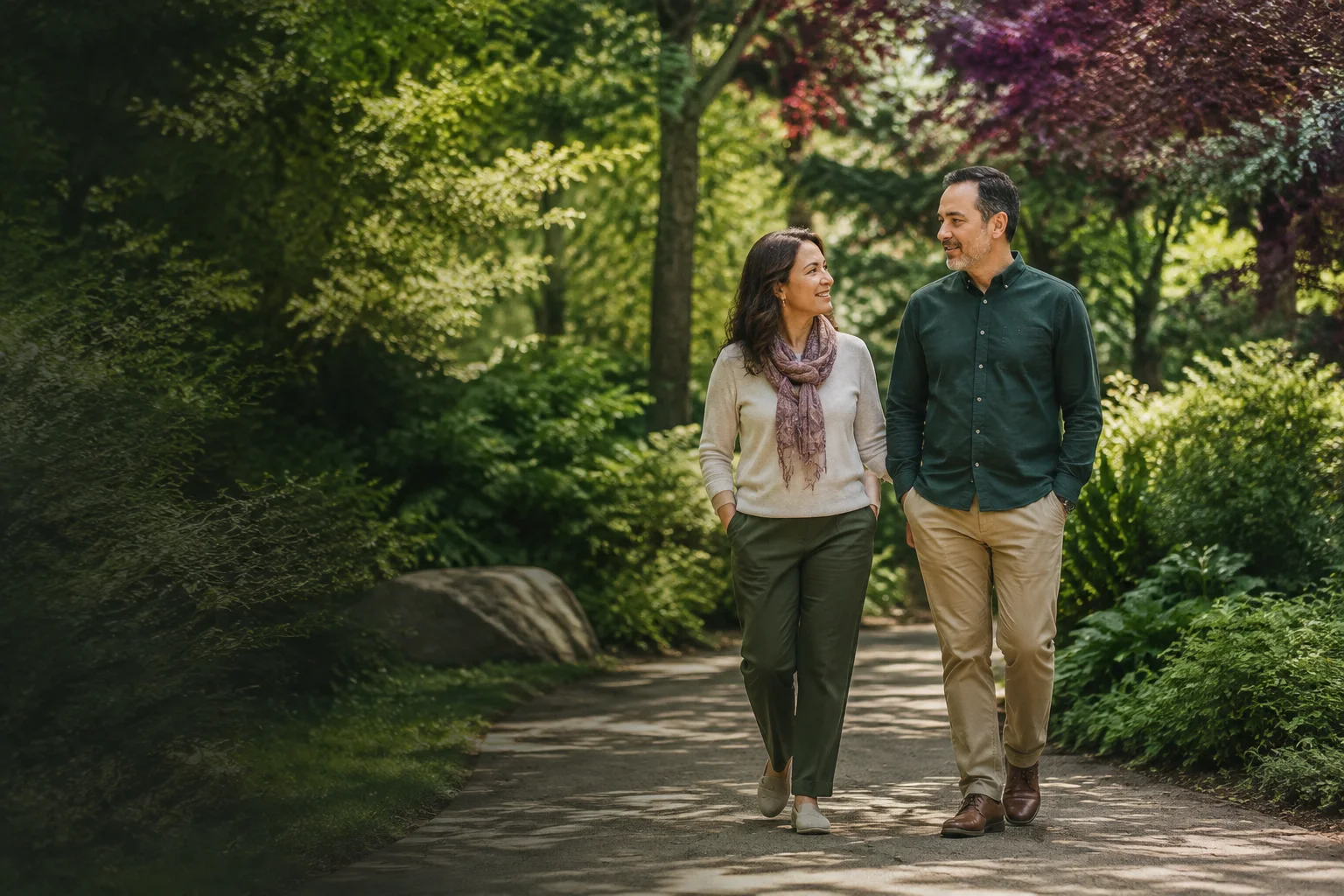 Two adults walking together in a quiet garden